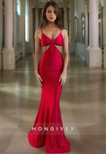 Satin Trumpet V-Neck Spaghetti Straps Empire Illusion Long Prom Dress