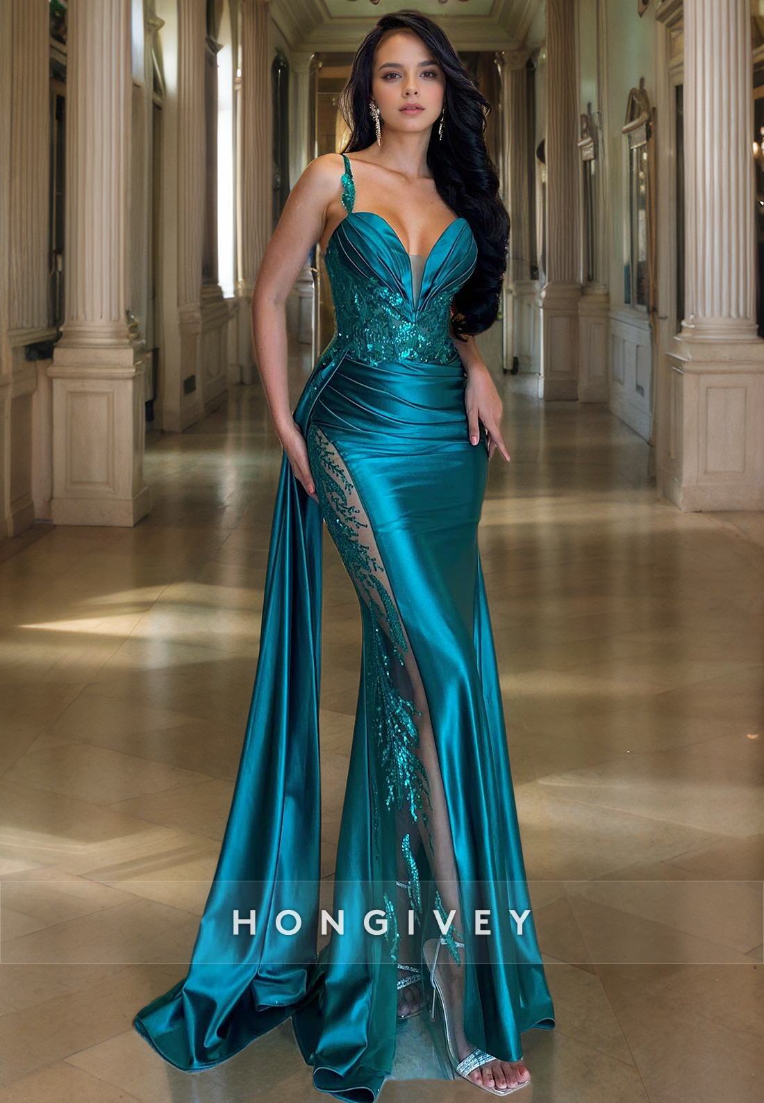 L1495 - Sexy Illusion Satin Fitted Sweetheart Spaghetti Straps Empire Ruched With Train Party Prom Evening Dress