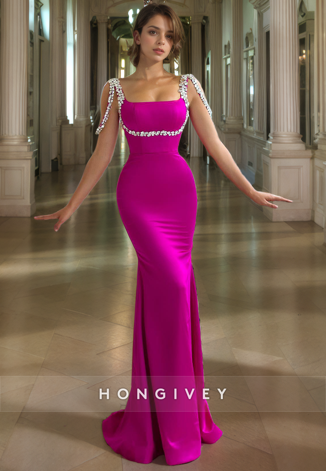 L1527 - Sexy Fitted Satin Square Beaded Spaghetti Straps Empire Party Prom Evening Dress