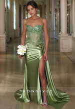 Satin Sweetheart Spaghetti Straps Lace Applique With Side Slit Long Prom Dress