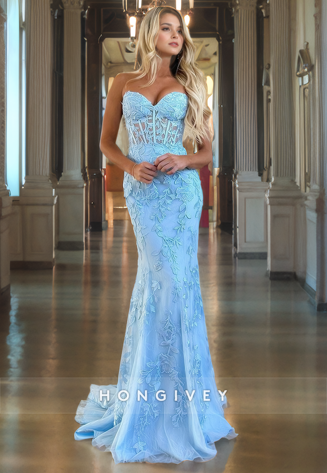 Luxury Blue Lace Mermaid Prom Dress Lace Up Swwetheart Evening Party Dresses