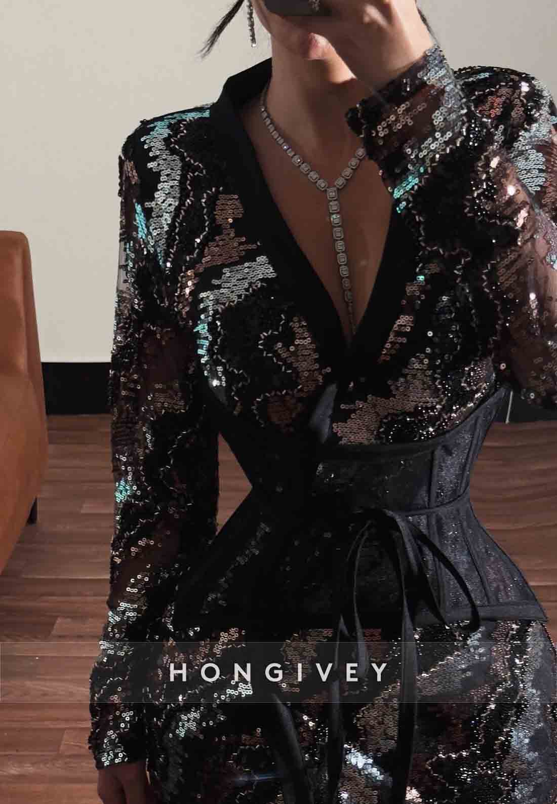 Sequined V Neck Long Sleeves Column Floor-Length Evening Gowns Side Slit