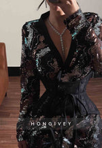 Sequined V Neck Long Sleeves Column Floor-Length Evening Gowns Side Slit