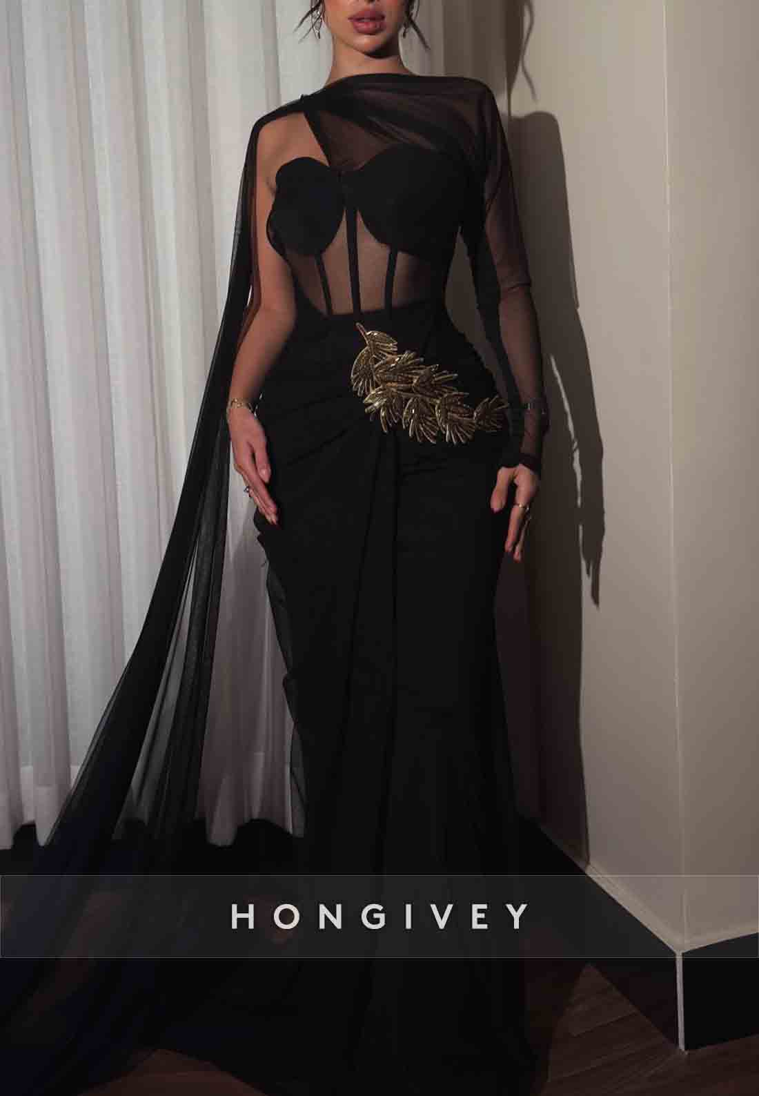 Side Draping Sweetheart Pleated Sheath Evening Gowns with Cape