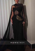 Side Draping Sweetheart Pleated Sheath Evening Gowns with Cape