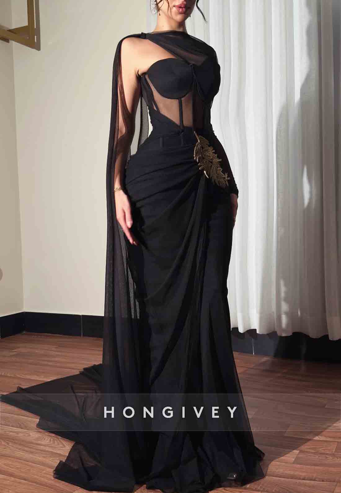 Side Draping Sweetheart Pleated Sheath Evening Gowns with Cape