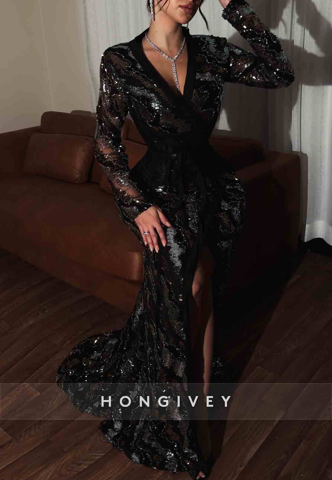 Sequined V Neck Long Sleeves Column Floor-Length Evening Gowns Side Slit