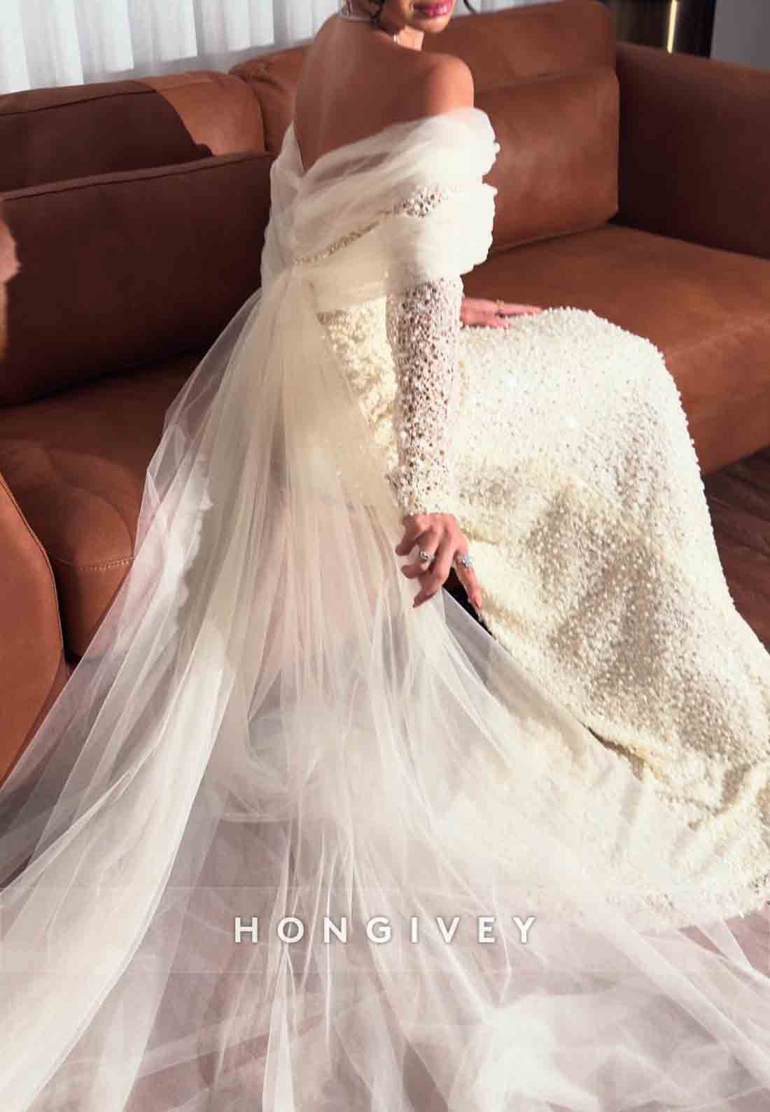 Off the Shoulder Sheath Long Sleeves Low Back Wedding Dresses with Beading