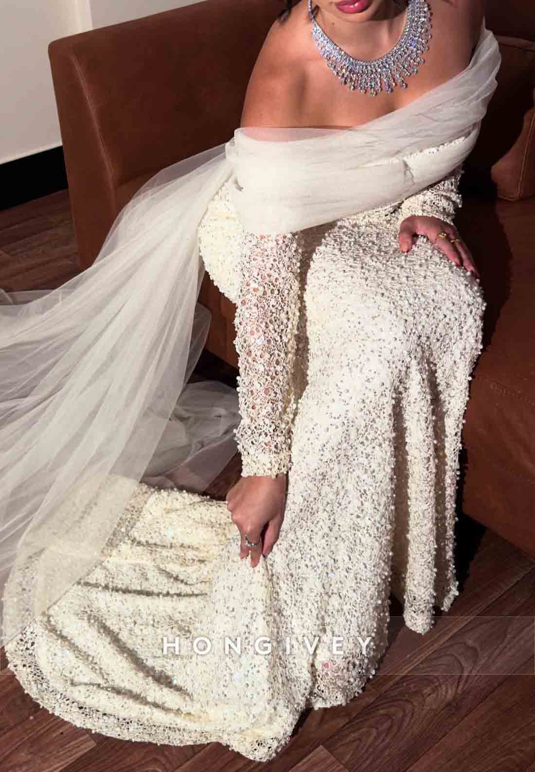 Off the Shoulder Sheath Long Sleeves Low Back Wedding Dresses with Beading