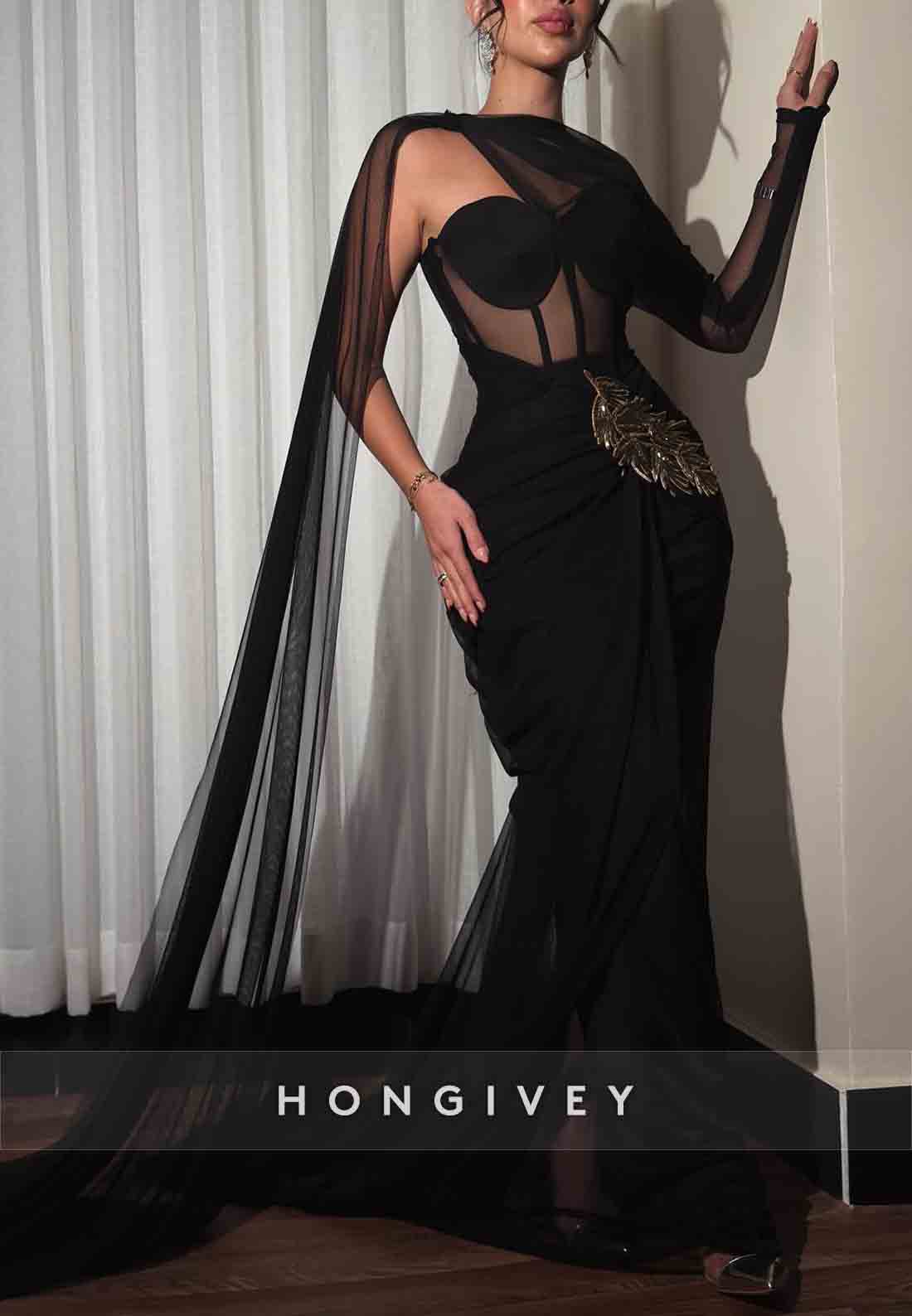 Side Draping Sweetheart Pleated Sheath Evening Gowns with Cape
