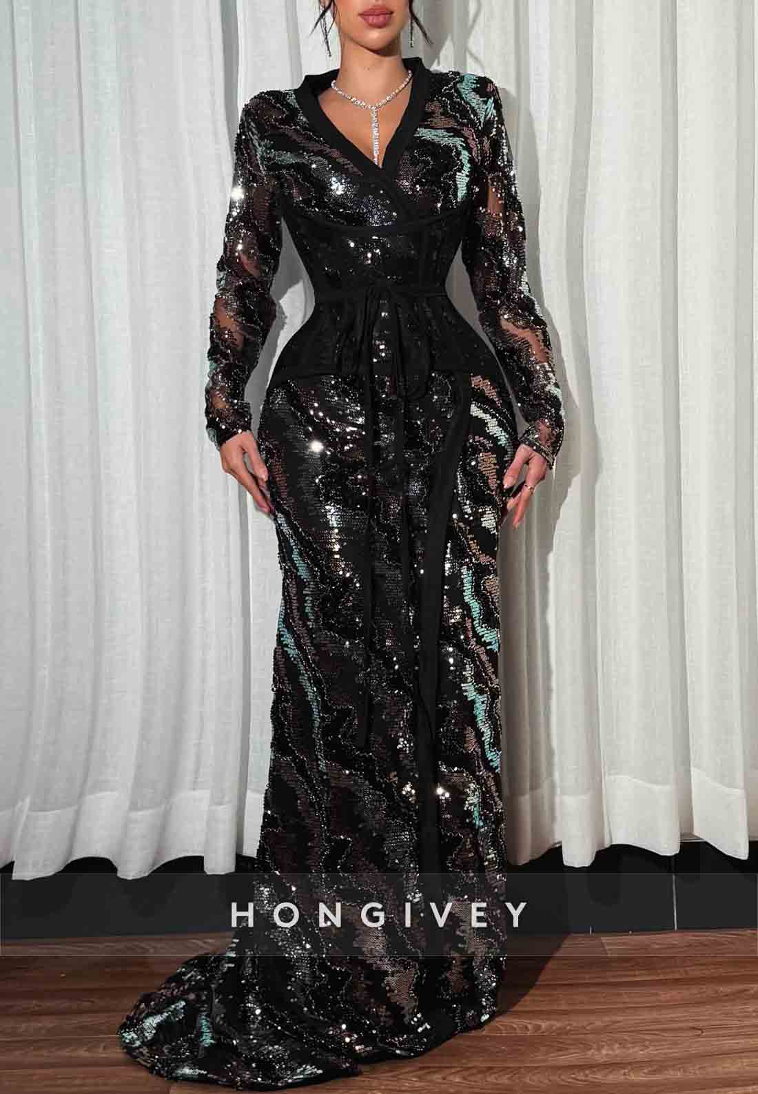 Sequined V Neck Long Sleeves Column Floor-Length Evening Gowns Side Slit