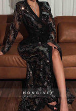 Sequined V Neck Long Sleeves Column Floor-Length Evening Gowns Side Slit
