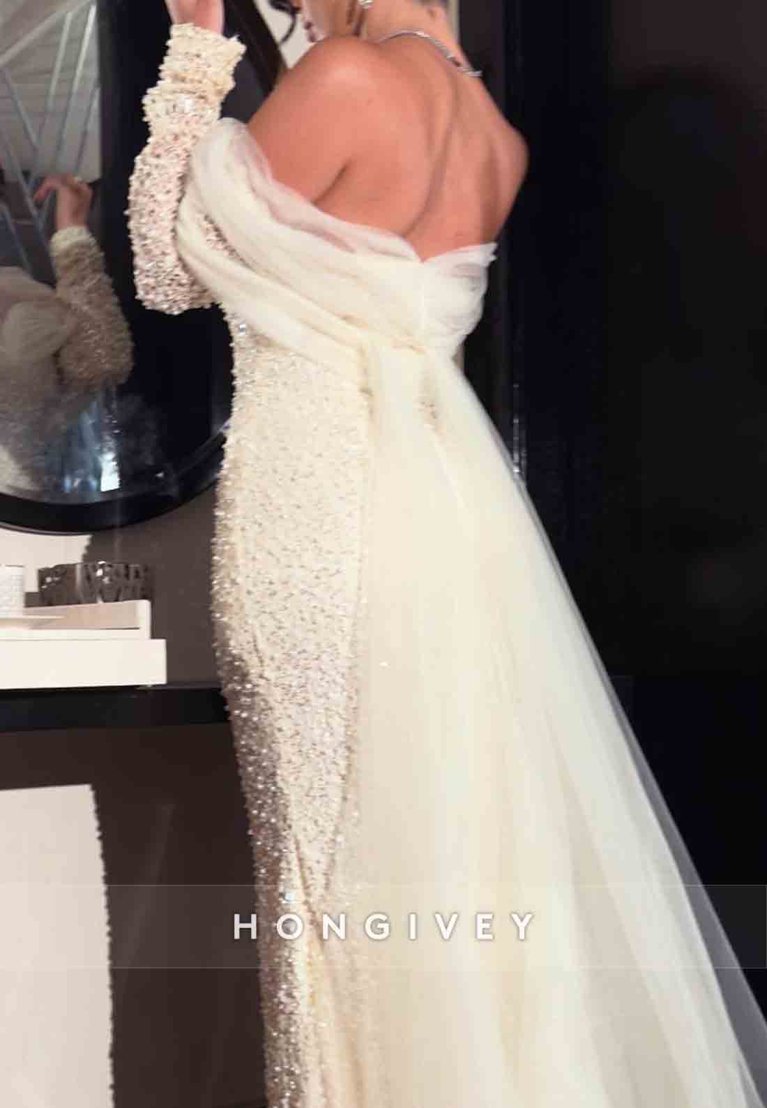 Off the Shoulder Sheath Long Sleeves Low Back Wedding Dresses with Beading