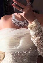 Off the Shoulder Sheath Long Sleeves Low Back Wedding Dresses with Beading