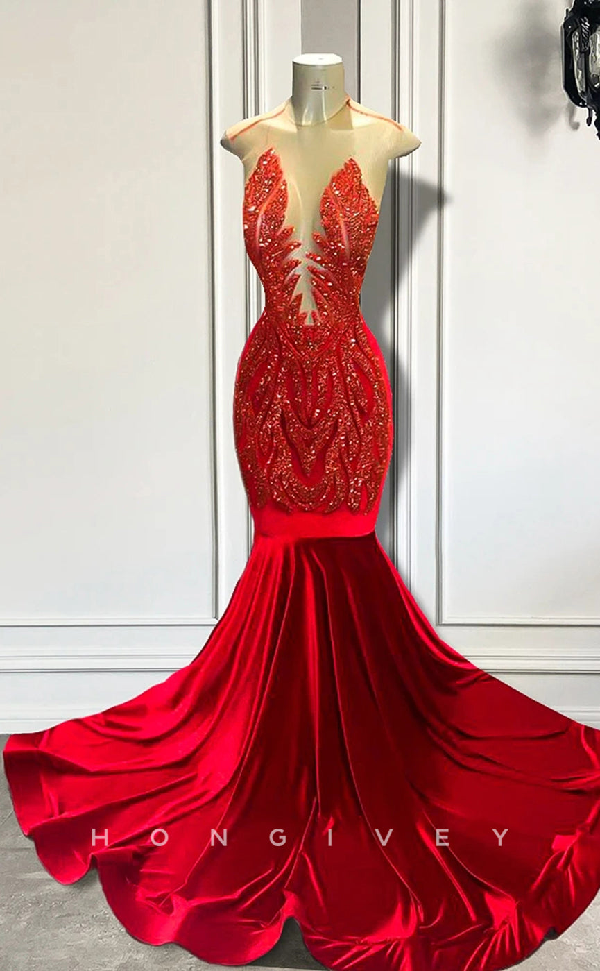 L2894 - Casual Round Round Beaded Appliques Party Prom Evening Dress For Black Women