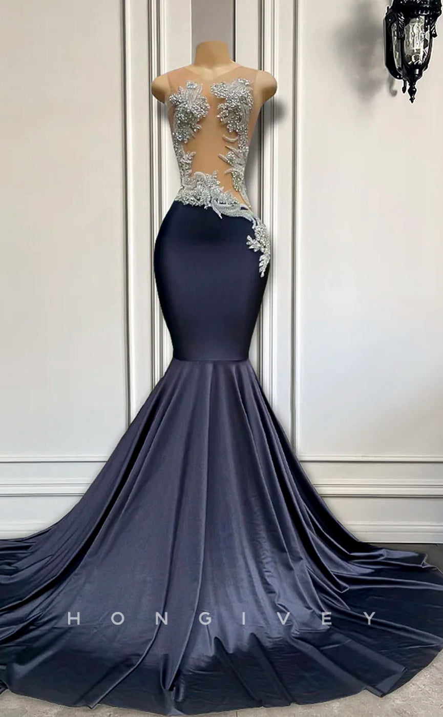 L2912 - Sleeveless Illusion Beaded Appliques Trumpet Party Prom Evening Dress For Black Women