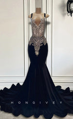 L2895 - Trumpet Bateau Spaghetti Straps Beaded Appliques Party Prom Evening Dress For Black Women