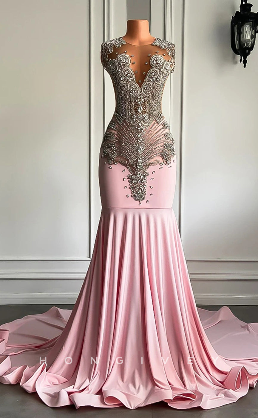 L2908 - Trumpet Round Sleeveless Beaded Party Prom Evening Dress For Black Women