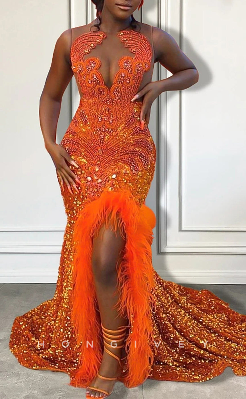 L2911 - Chic Trumpet Beaded Sequined Feathers Party Prom Evening Dress For Black Women