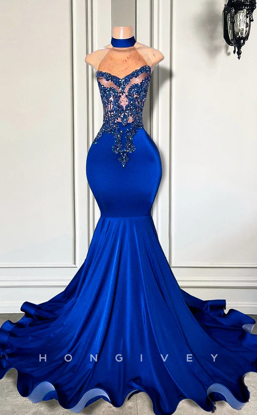 L2901 - High Neck Sleeveless Illusion Beaded Appliques Party Prom Evening Dress For Black Women