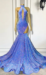 L2902 - High Neck Sleeveless Illusion Sequined Trumpet Party Prom Evening Dress For Black Women