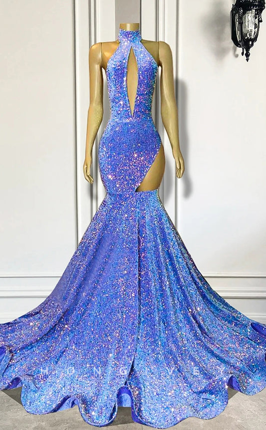 L2902 - High Neck Sleeveless Illusion Sequined Trumpet Party Prom Evening Dress For Black Women