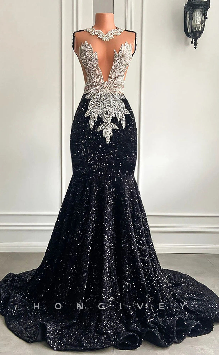 L2905 - Chic Trumpet Illusion Beaded Sequined Party Prom Evening Dress For Black Women