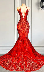 L2907 - Sexy Trumpet Low V-Neck Halter Appliques Party Prom Evening Dress For Black Women