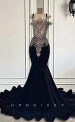 L2895 - Trumpet Bateau Spaghetti Straps Beaded Appliques Party Prom Evening Dress For Black Women