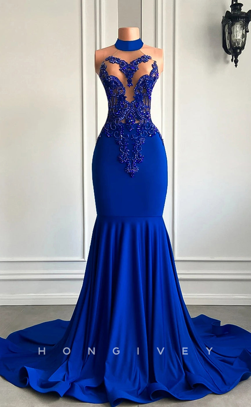 L2901 - High Neck Sleeveless Illusion Beaded Appliques Party Prom Evening Dress For Black Women