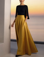 Evening Formal Dress Golden A-Line Crew Neck Satin Maxi Dress