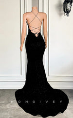 L2896 - V-Neck Spaghetti Straps Lace-Up With Side Slit Party Prom Evening Dress For Black Women