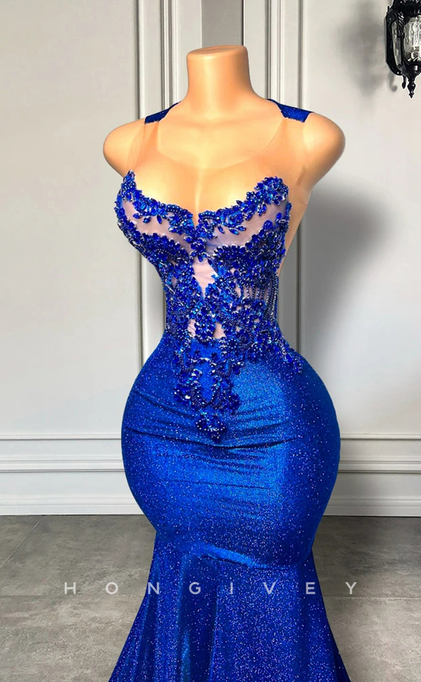 L2900 - Scoop Illusion Beaded Sleeveless Trumpet Party Prom Evening Dress For Black Women