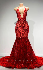 L2907 - Sexy Trumpet Low V-Neck Halter Appliques Party Prom Evening Dress For Black Women