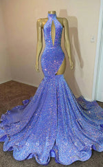 L2902 - High Neck Sleeveless Illusion Sequined Trumpet Party Prom Evening Dress For Black Women