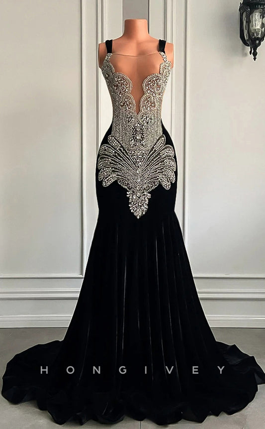 L2895 - Trumpet Bateau Spaghetti Straps Beaded Appliques Party Prom Evening Dress For Black Women