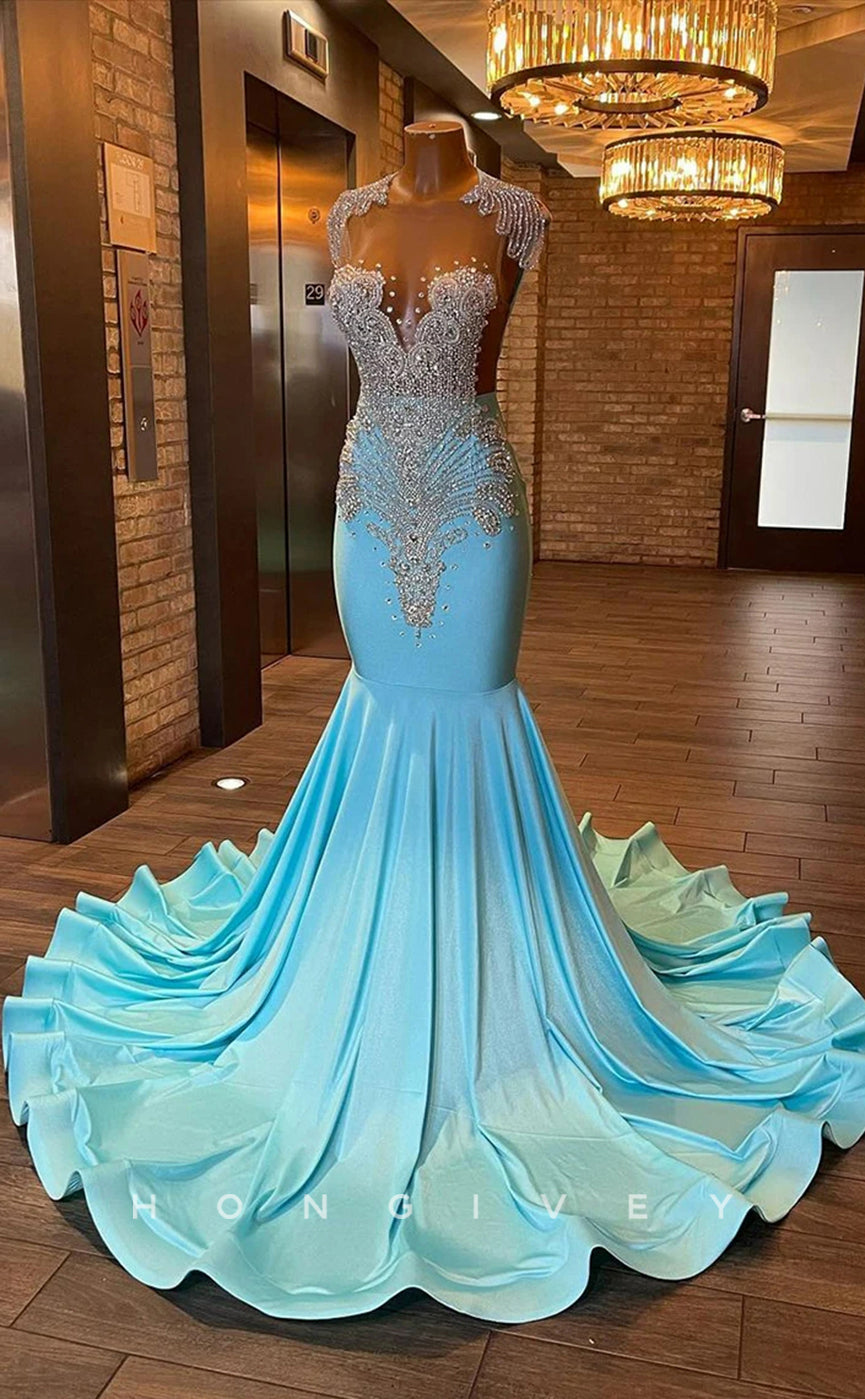 L2899 - Sparkly Trumpet Round Beaded Appliques Party Prom Evening Dress For Black Women