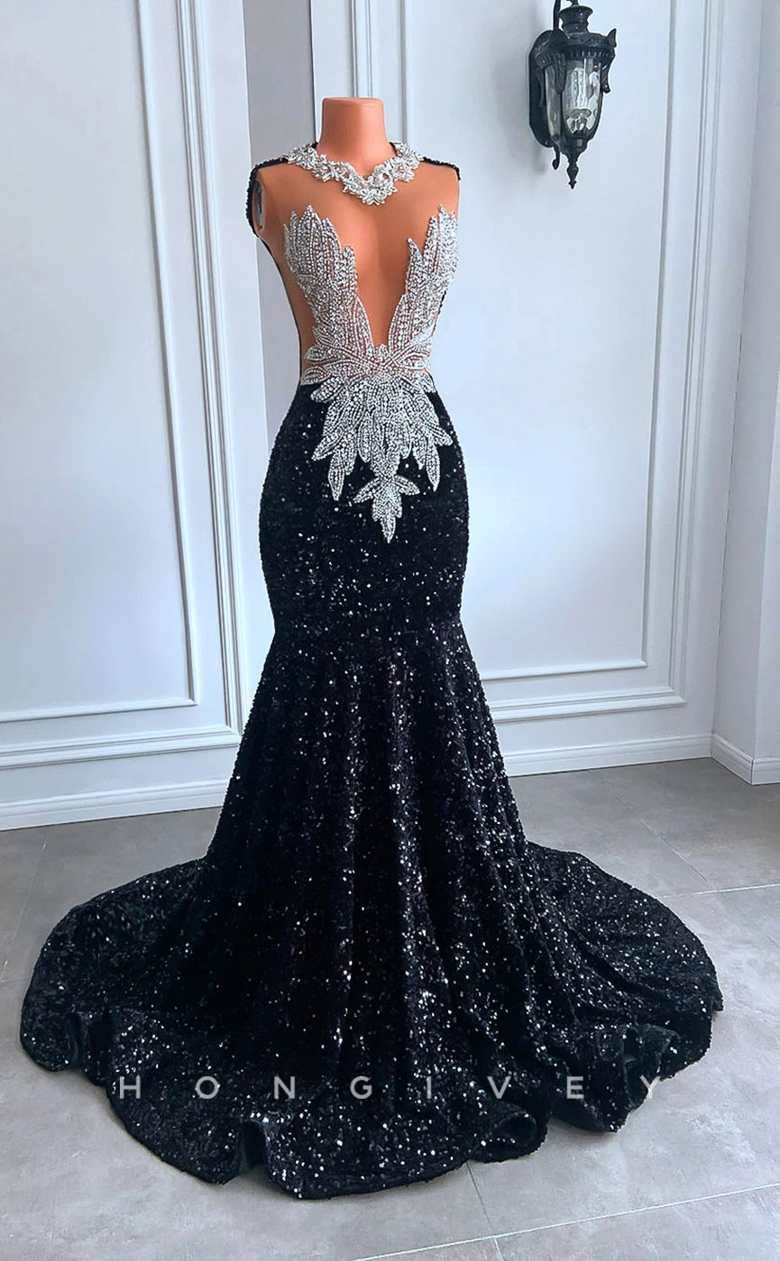 L2905 - Chic Trumpet Illusion Beaded Sequined Party Prom Evening Dress For Black Women