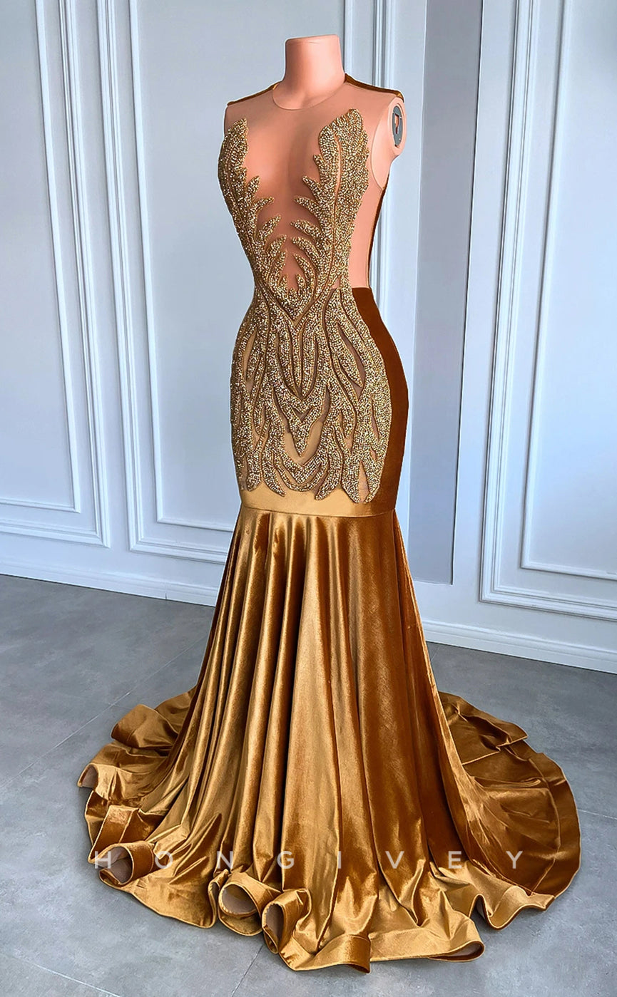 L2897 - Sheer Round Beaded Trumpet Party Prom Evening Dress For Black Women