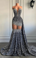 L2898 - Sweetheart Strapless Beaded Illusion With Train Party Prom Evening Dress For Black Women