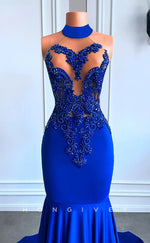 L2901 - High Neck Sleeveless Illusion Beaded Appliques Party Prom Evening Dress For Black Women