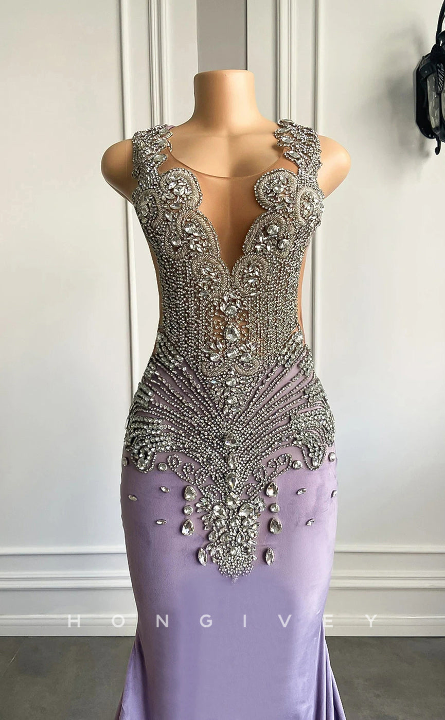 L2906 - Scoop Sleeveless Beaded With Train Party Prom Evening Dress For Black Women