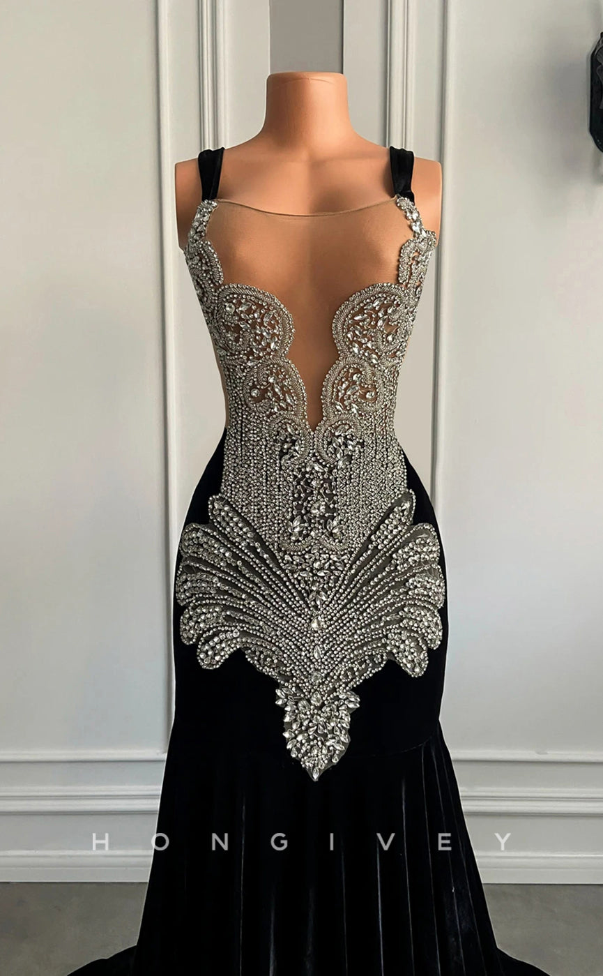 L2895 - Trumpet Bateau Spaghetti Straps Beaded Appliques Party Prom Evening Dress For Black Women