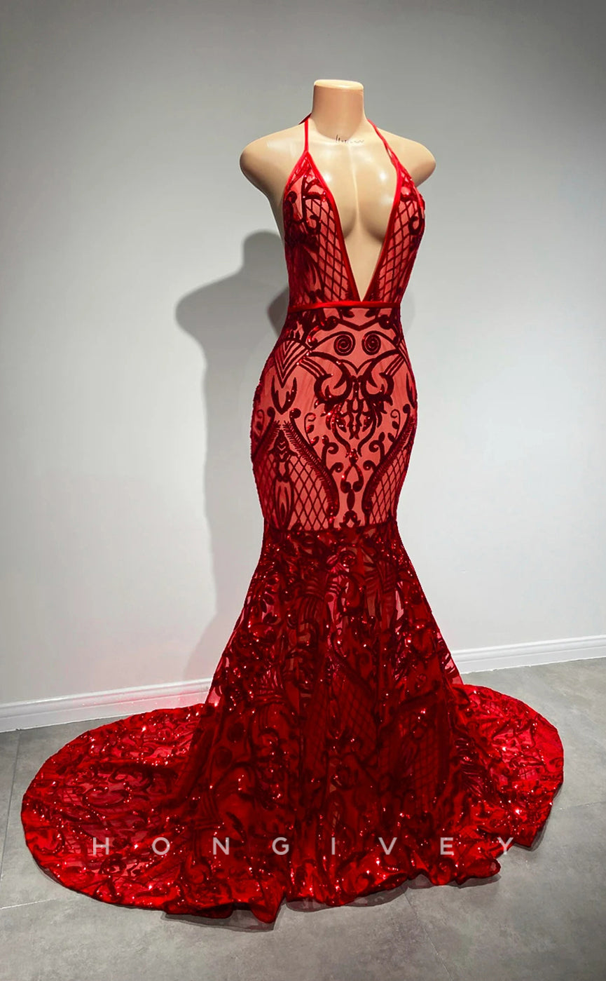 L2907 - Sexy Trumpet Low V-Neck Halter Appliques Party Prom Evening Dress For Black Women