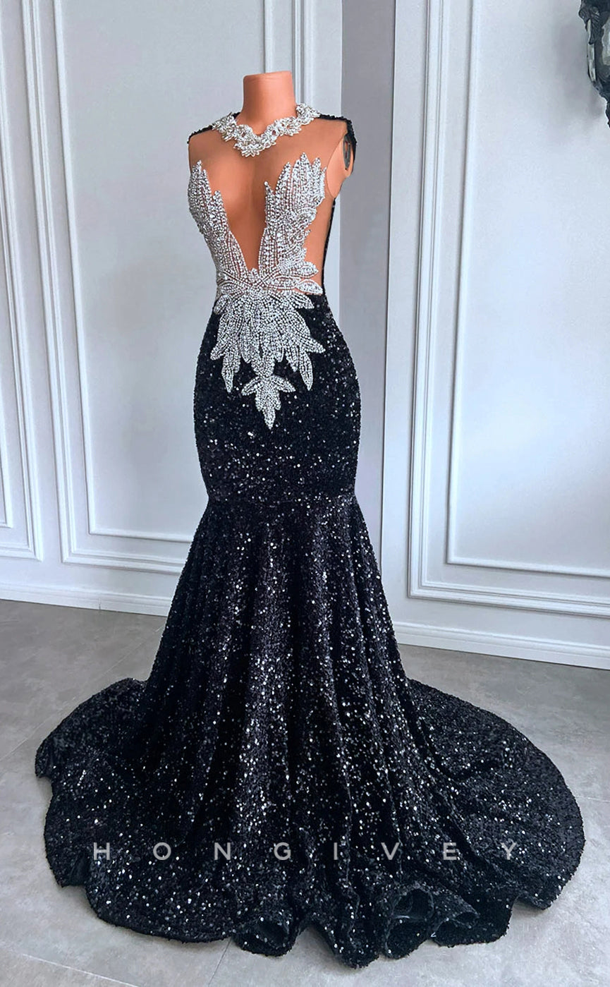 L2905 - Chic Trumpet Illusion Beaded Sequined Party Prom Evening Dress For Black Women