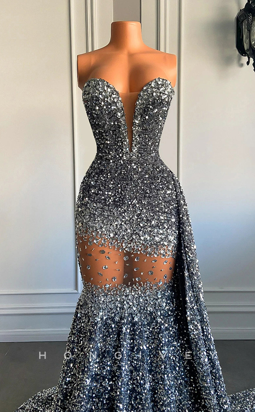 L2898 - Sweetheart Strapless Beaded Illusion With Train Party Prom Evening Dress For Black Women