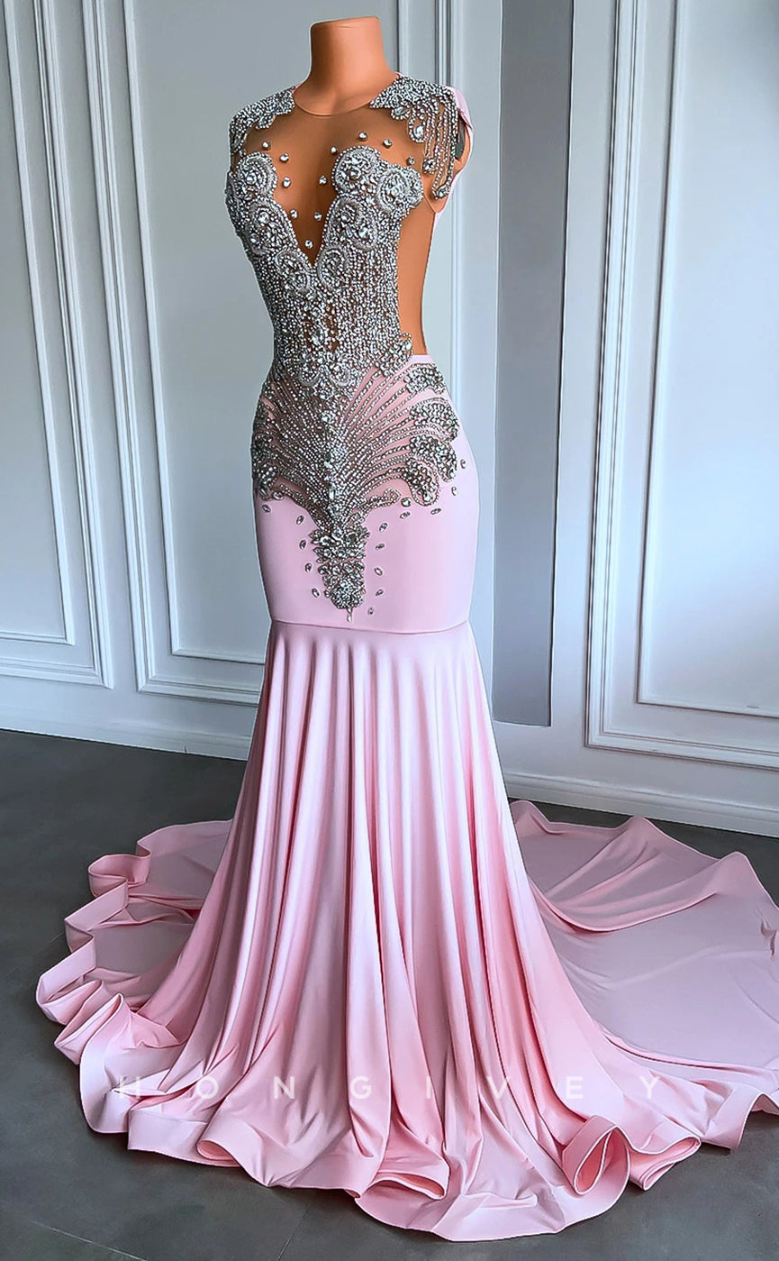 L2908 - Trumpet Round Sleeveless Beaded Party Prom Evening Dress For Black Women