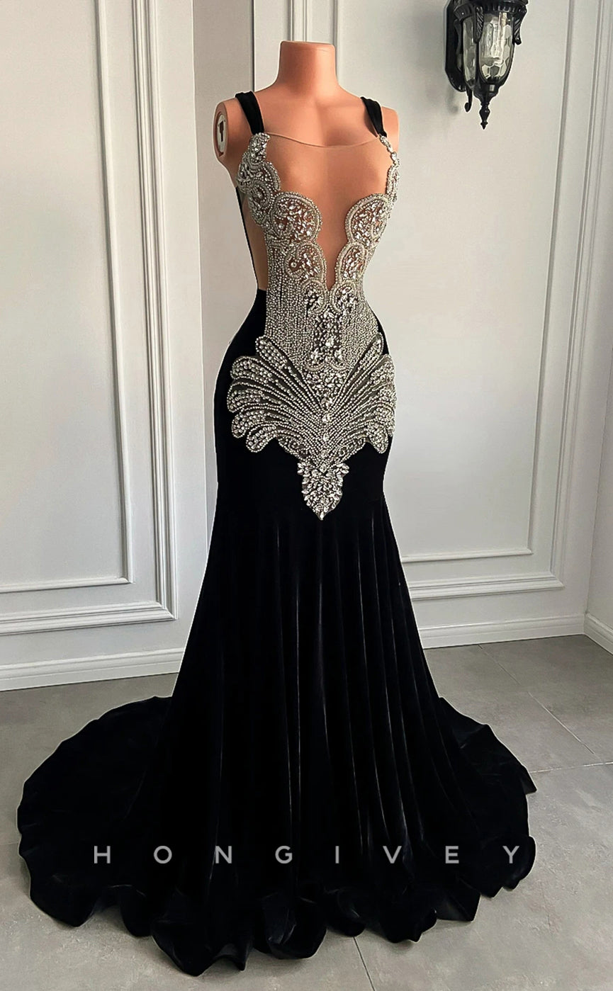 L2895 - Trumpet Bateau Spaghetti Straps Beaded Appliques Party Prom Evening Dress For Black Women