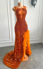 L2911 - Chic Trumpet Beaded Sequined Feathers Party Prom Evening Dress For Black Women