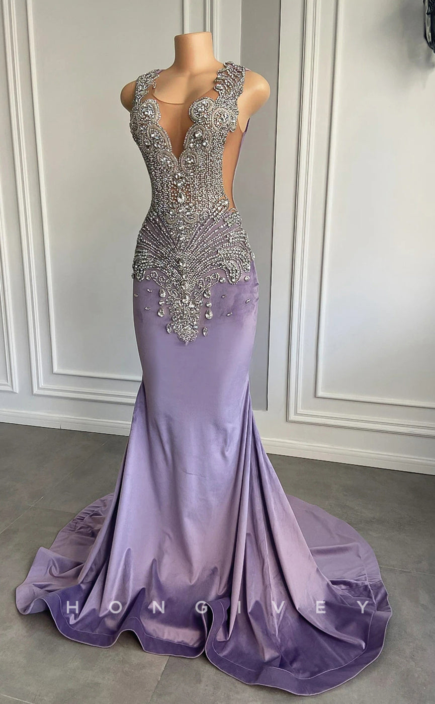 L2906 - Scoop Sleeveless Beaded With Train Party Prom Evening Dress For Black Women